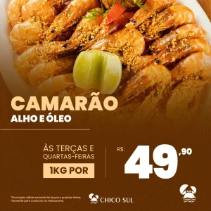 1kg de Camarão Alho e Óleo por R$49,90. Venha se deliciar com o mais nobre camarão ao alho e olho de Fortaleza no Chico do caranguejo Sul ou Aldeota.