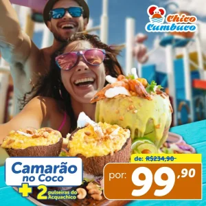 FÉRIAS COM CAMARÃO NO COCO + 2 PULSEIRAS DO ACQUA CHICO DE R$234,90 POR R$99,90.