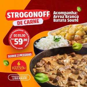Strogonoff de Carne Completo 2 Pessoas - Parquinho Infantil Liberado de De R$ 89,90por apenas R$ 59,90 na Picanha do Railson.