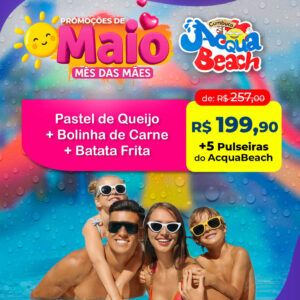 PORÇÃO PASTEL DE QUEIJO + PORÇÃO BOLINHA DE CARNE + BATATA FRITA + 5 PULSEIRAS DE 262,90 POR 199,90